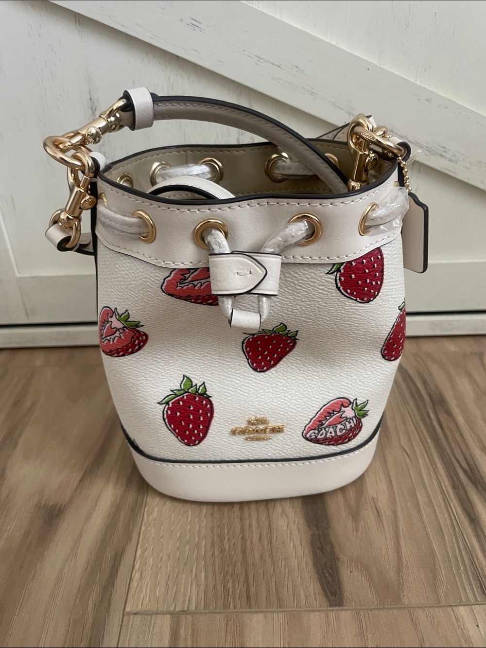 Coach White Leather Mini Bucket Bag with Red Strawberry Print